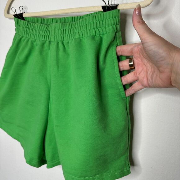 Retro 70’s Green Drawstring Knit Sweat Shorts Pockets Athletic High Waist Medium - Picture 3 of 10